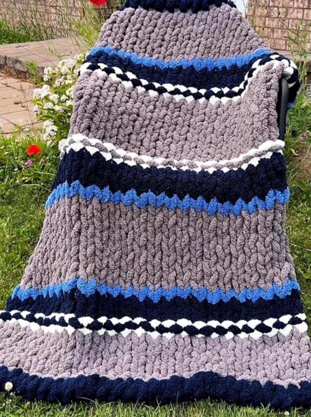 Hand-Knit Striped Throw Blanket in Gray & Blue 40”x50”